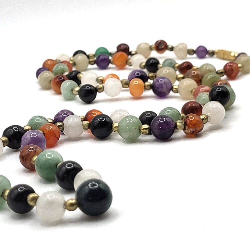 Vintage Gemstone Beaded Necklace LONG 38” screw clasp heavy STUNNING